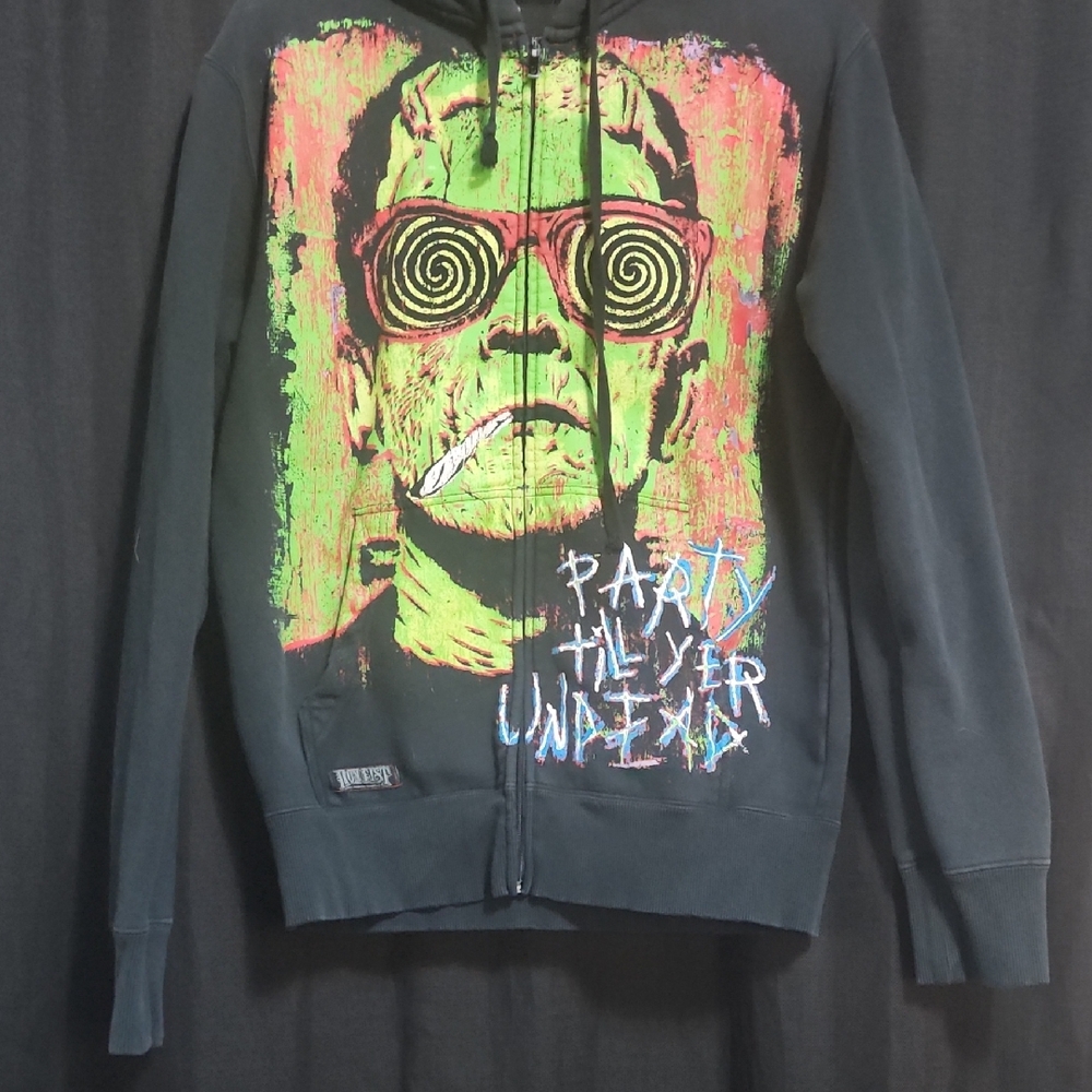 Iron Fist Black FRANKENSTEIN Party Til Yer Dead and Green Graphic Zip-Up Sweater